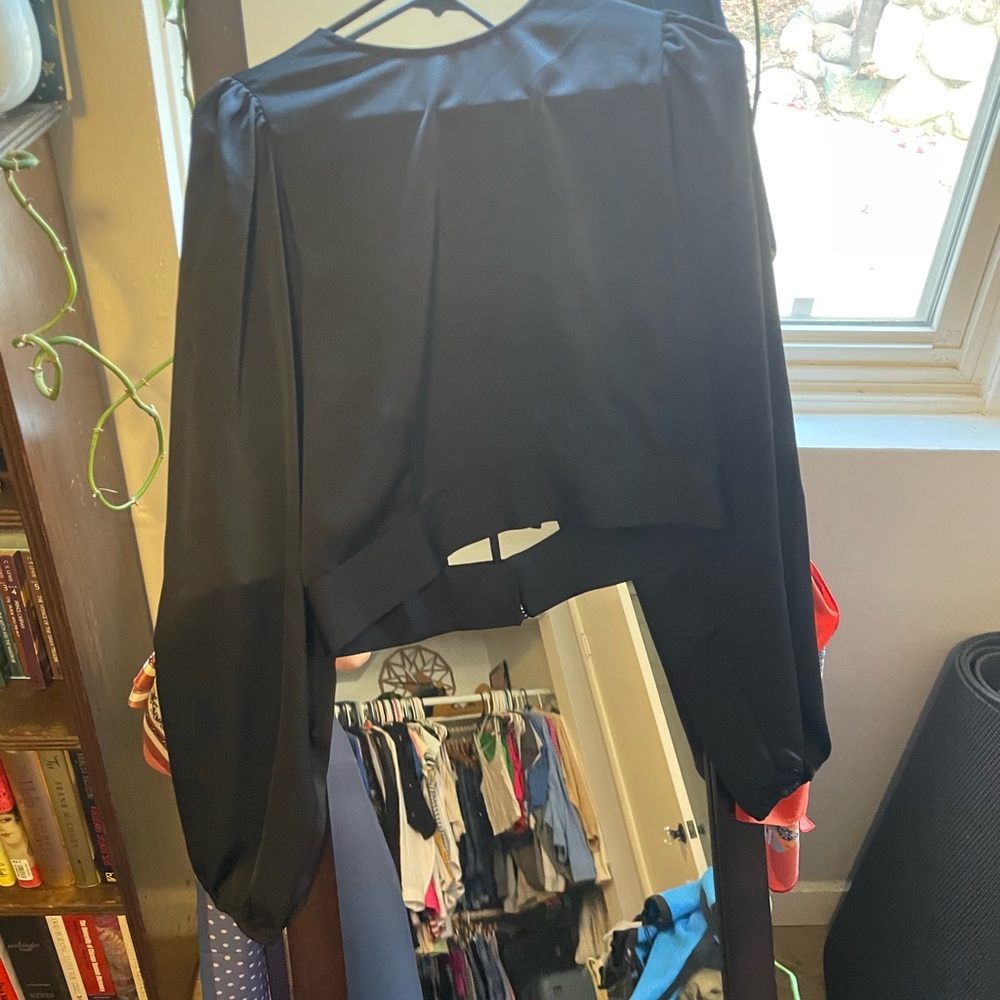 Black Satin Open Back Blouse